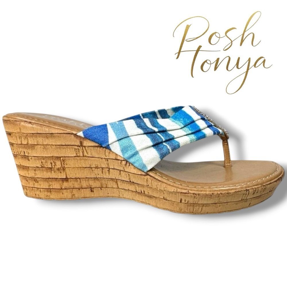 Italian Shoemakers Coastal Cork Wedge Sandals Blue Stripe Rhinestone Size 6.5W